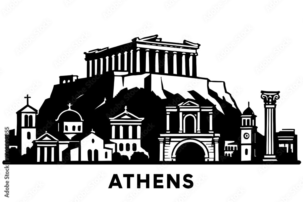 Obraz premium Athens, Greece: Iconic silhouette of the historic skyline, featuring the majestic Parthenon atop the Acropolis. Ancient Greek temples, classical columns, and significant architecture symbolize Europea