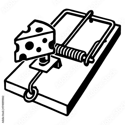 Iconic black and white illustration of a classic snap-style mouse trap, set with a tempting wedge of Swiss cheese bait. A powerful symbol of pest control, danger, temptation, and the classic struggle
