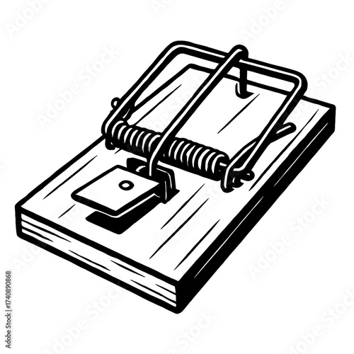 Detailed black and white line art illustration of a traditional wooden snap mouse trap, depicting its classic spring-loaded mechanism and bait pedal. Perfect for pest control imagery, rodent managemen
