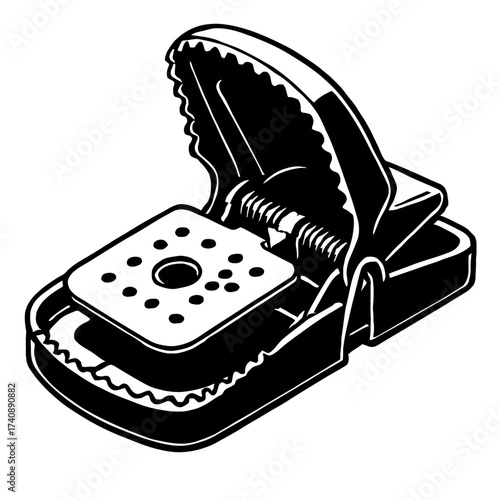 Black and white illustration of a classic spring-loaded snap mousetrap, poised for effective rodent control. Highlights traditional mechanism, bait pedal, strike bar. Reliable pest management solution
