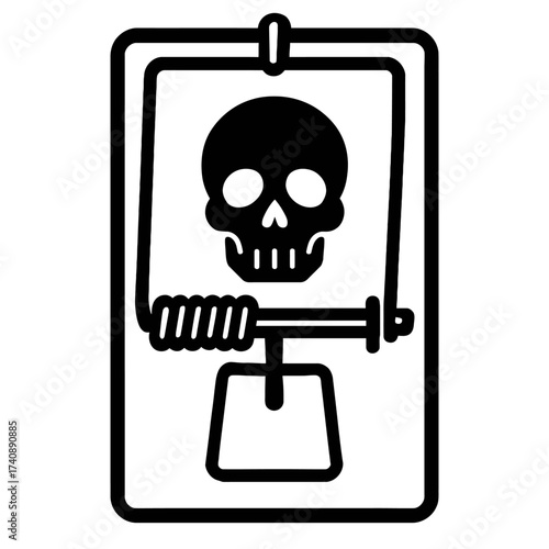 A powerful graphic combining a classic snap-trap with a stark skull symbol on the bait, universally conveying extreme danger, lethal warning, and fatal risk. Perfect for cybersecurity threats, toxic w