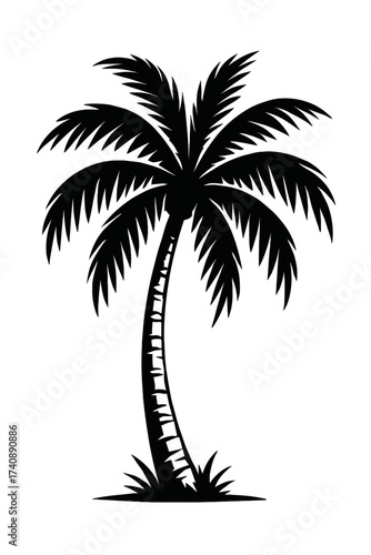 Black silhouette vector of a tropical palm tree with fanned fronds, curved trunk, and grass. Great for beach, island, summer, vacation, resort designs, logos, icons, illustrations, branding. Evokes pa