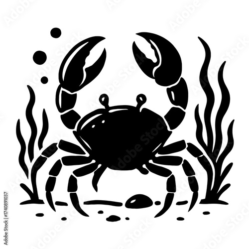 Stylized Black Silhouette of a Crab on the Ocean Floor, Surrounded by Waving Seaweed and Rising Bubbles in a Minimalist Underwater Graphic Design. Perfect for Marine Life Themes and Coastal Decor.