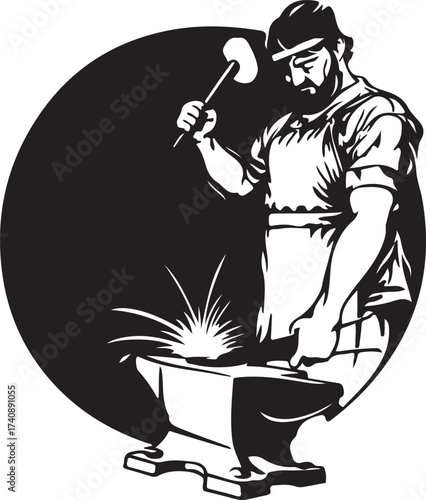 Vector art of blacksmith working on anvil with hammer in workshop