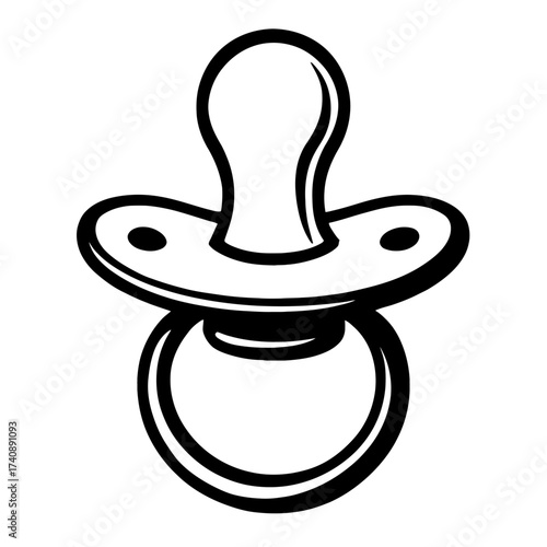 Black and white vector outline of a classic baby pacifier, a timeless essential for infant soothing and comfort. This bold, clean graphic is perfect for childcare resources, nursery decor, digital ico