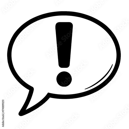Black exclamation mark in speech bubble icon for warnings, alerts, notifications, important messages, errors, and attention required in digital and print media. Crucial visual cue for user guidance.