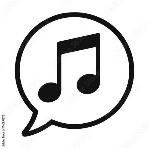 Modern vector icon: a prominent black musical eighth note pair housed within a sleek white speech bubble, effectively conveying concepts of audio communication, sound messages, music sharing, lyrical