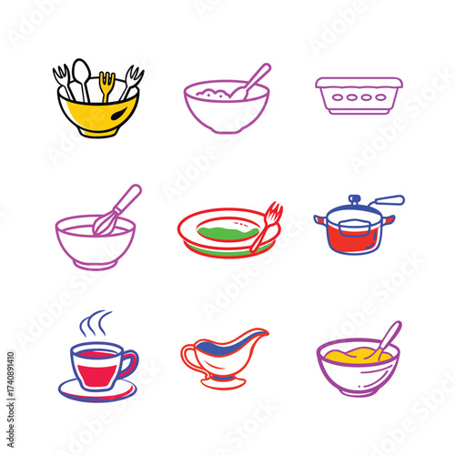 Set of vintage tea and coffee cups with saucers illustration vector design for cafe and kitchen pattern