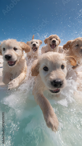 Excited Golden Puppies Charging Through Water