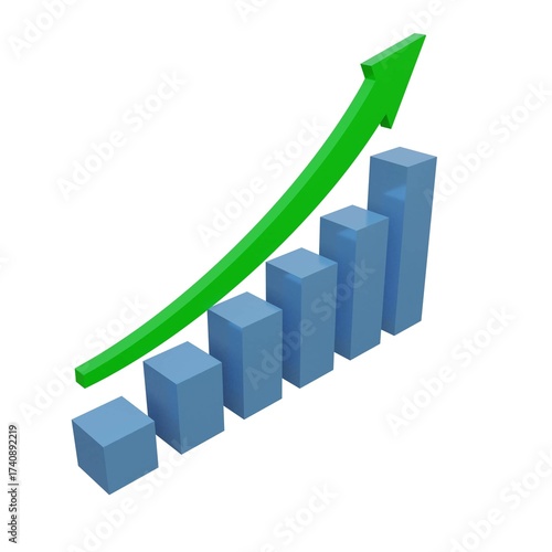 3D render of a blue bar chart with a rising green arrow symbolizing financial growth, profit, business success, positive trend, investment, economy expansion, and economic performance concept.