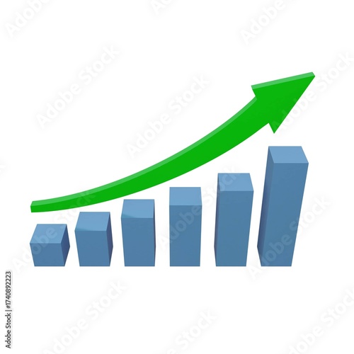 3D render of a blue bar chart with a rising green arrow symbolizing financial growth, profit, business success, positive trend, investment, economy expansion, and economic performance concept.