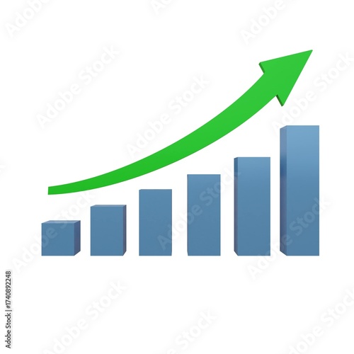 3D render of a blue bar chart with a rising green arrow symbolizing financial growth, profit, business success, positive trend, investment, economy expansion, and economic performance concept.