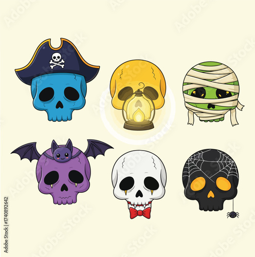 Collection of six stylized cartoon skulls with different halloween themed costumes and designs isolated on white background