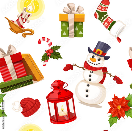 Christmas seamless ornament with candles, hat, gifts and a flashlight on a white background