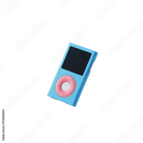 Light blue portable music player with pink click wheel isolated product photograph