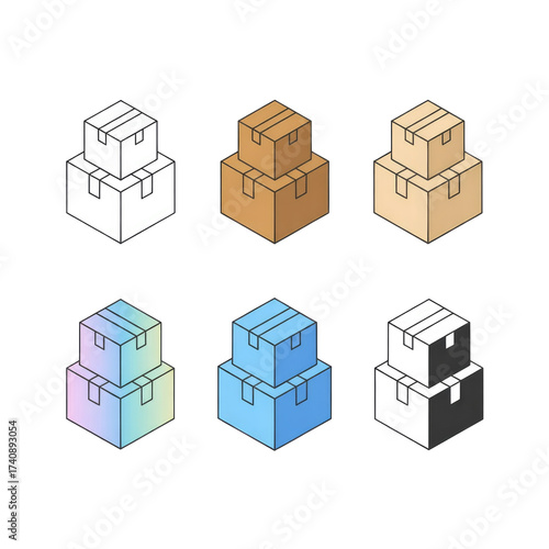 Set of six minimalist box icons representing shipping and storage concepts