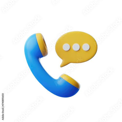 Blue 3d telephone handset with yellow speech bubble and dots