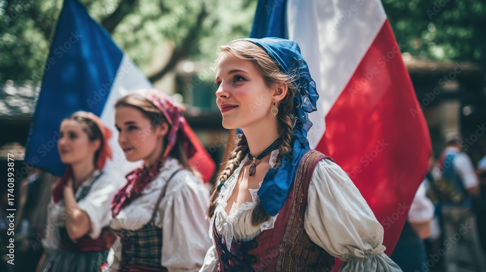 Fototapeta premium Young women in traditional attire proudly display the French flag at a vibrant cultural festival, celebrating heritage and unity.