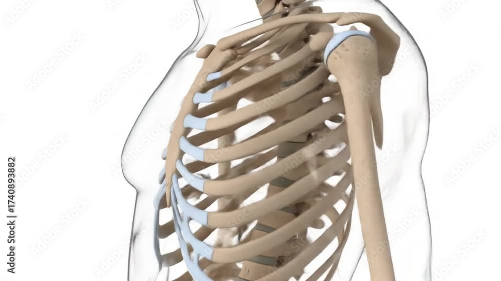Anatomical illustration of the human rib cage and shoulder joint ...