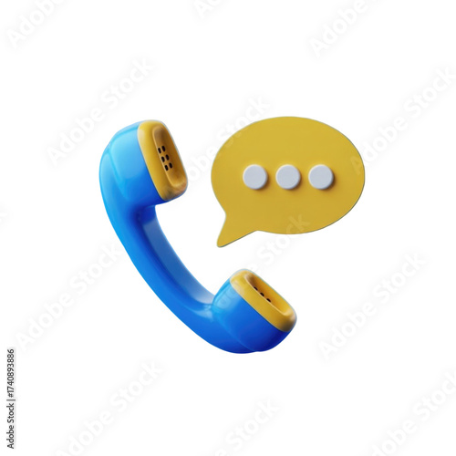 3d blue telephone handset with yellow speech bubble and ellipsis dots communication concept
