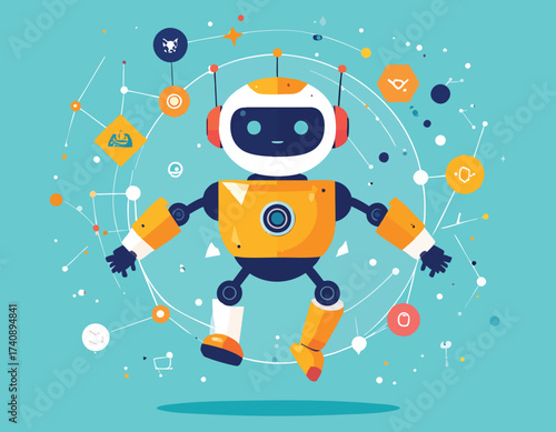 Robotic artificial intelligence with futuristic network connections and digital icons symbolizing innovation and technological advancement in the digital age
