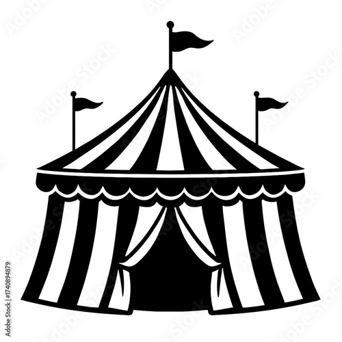 Iconic vintage black and white striped circus tent vector illustration, featuring festive flags atop its classic conical roof and a welcoming entrance. Perfect for carnival, fair, big top show, entert