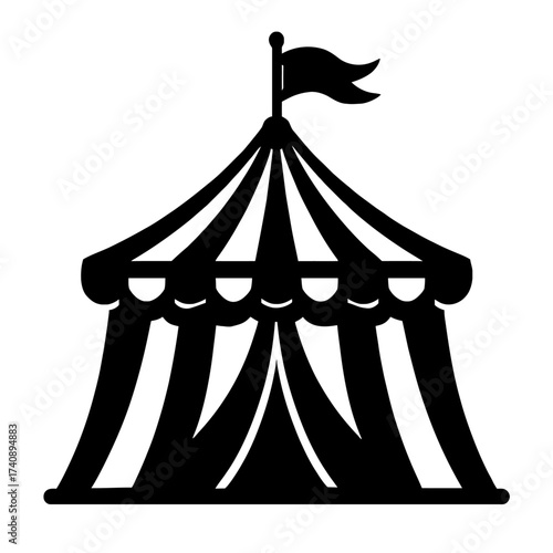 Classic Black and White Circus Tent Silhouette Icon with Flag on Top – Perfect for Carnival, Fair, and Entertainment Event Designs, Posters, Invitations, Logos, and Website Graphics Representing Fun,