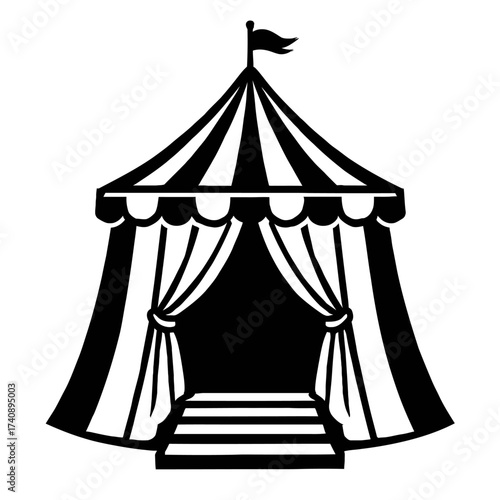 Captivating black and white vector silhouette of a classic big top circus tent, featuring a festive flag, elegant striped roof, ornate scalloped valance, an inviting entrance with drawn-back curtains,
