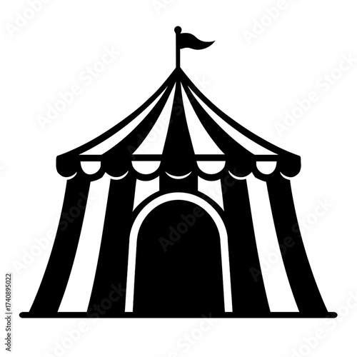 Classic B&W vector icon: striped circus tent with flag and arched entrance. Ideal for carnival, fairground, entertainment events, parties, amusement park designs, festive visuals, digital & print medi