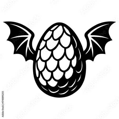 Striking black and white vector illustration of a fantasy dragon egg, adorned with intricate scales and elegant bat wings, embodying mythical power and ancient magic. SEO-friendly design perfect for g