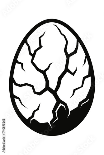 Black and white cracked egg graphic. A striking vector illustration of a fragile oval with jagged fracture lines. Symbolizes breakage, vulnerability, and new beginnings. Perfect for graphic design, we