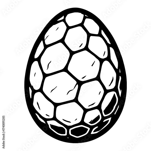 Hand-drawn black and white abstract egg illustration featuring an intricate polygonal and honeycomb surface texture. This unique graphic evokes fantasy, mystery, and ancient origins, perfect for Easte