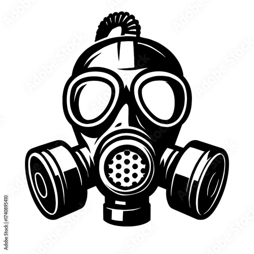 Striking B&W vector gas mask with mohawk. Symbol of post-apocalyptic survival, urban rebellion, CBRN protection, and dystopian future. Ideal for graphic design, logos, print, apparel, and digital art.