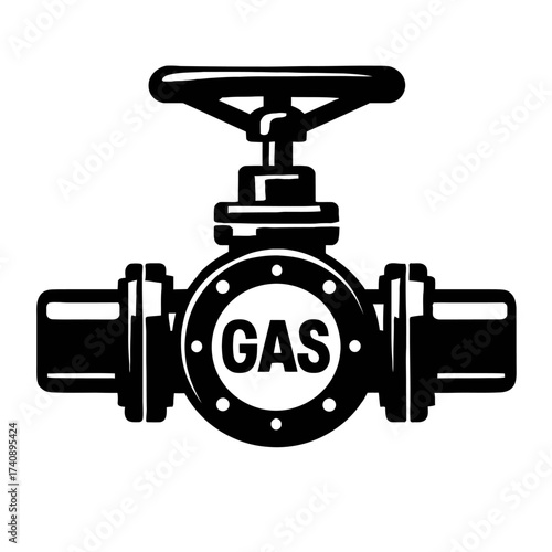 Monochromatic industrial gas pipeline control valve illustration with prominent 'GAS' label, featuring a robust handwheel for manual operation and precise flow regulation in energy infrastructure and