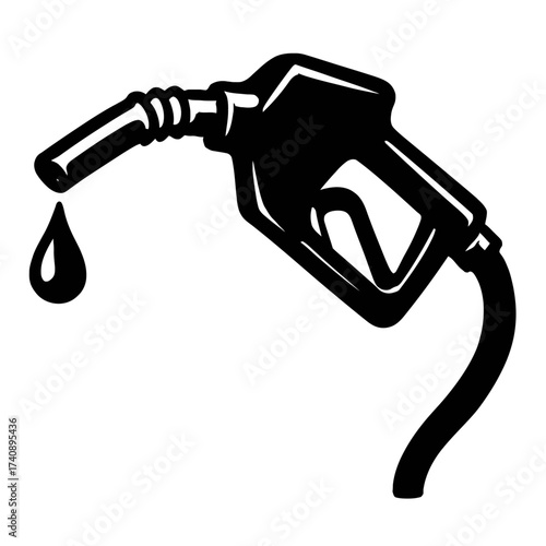 Detailed black silhouette vector illustration of a gas pump nozzle with a single fuel drop dripping, symbolizing fuel consumption, energy costs, automotive industry, vehicle refueling, and gas station
