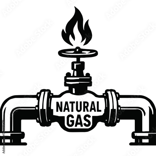 Natural Gas Pipeline & Valve with Flame Icon: Essential Energy Infrastructure Symbolizing Supply, Distribution, and Industrial Use. A Vector Graphic for Fuel, Heating, and Power Generation Needs, Indu