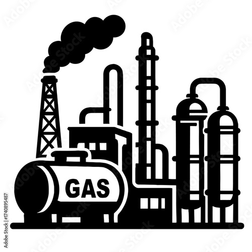 Industrial gas refinery plant vector icon. Complex facility with distillation towers, large GAS tank, pipes, and smoking chimney. Symbolizes energy production, fossil fuel processing, chemical manufac