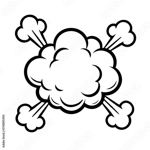 Vibrant comic book explosion smoke cloud vector illustration in bold black and white outline style, ideal for dynamic graphic design, representing sudden impacts, powerful bursts, or illustrative comi
