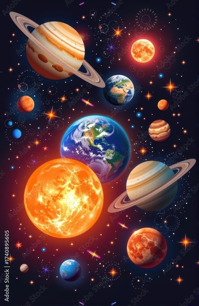 Naklejka premium Jupiter, Saturn, Uranus, Neptune, Earth, Venus, Mars, Mercury, astronomical object, weight