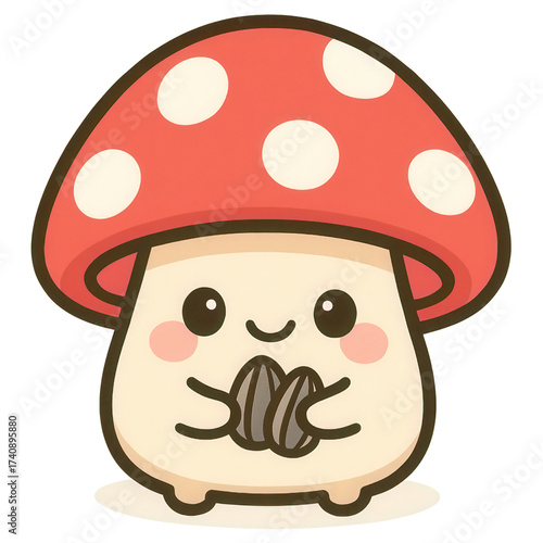 Cute cartoon mushroom character with sunflower seed

