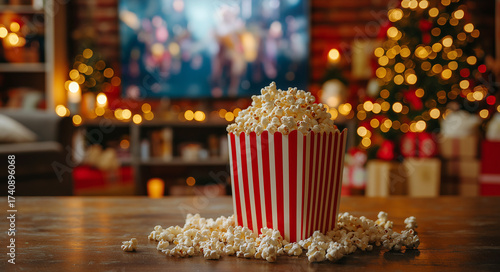 a red and white striped popcorn box sits on the table, surrounded by scattered popcorn. in front of it is an led tv displaying christmas movies