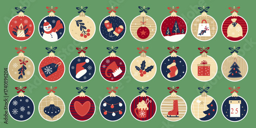Cute Xmas balls toy with festive elements set. Advent Calendar. Countdown Christmas. New Year Traditional symbol with snowman, gift, tree, skates, hot cocoa and mistletoe. Vector illustration. Not AI