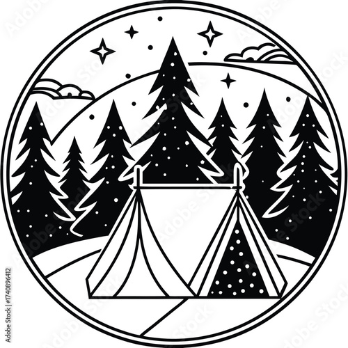 Circular graphic design of two tents in a forest under a starry night sky silhouette