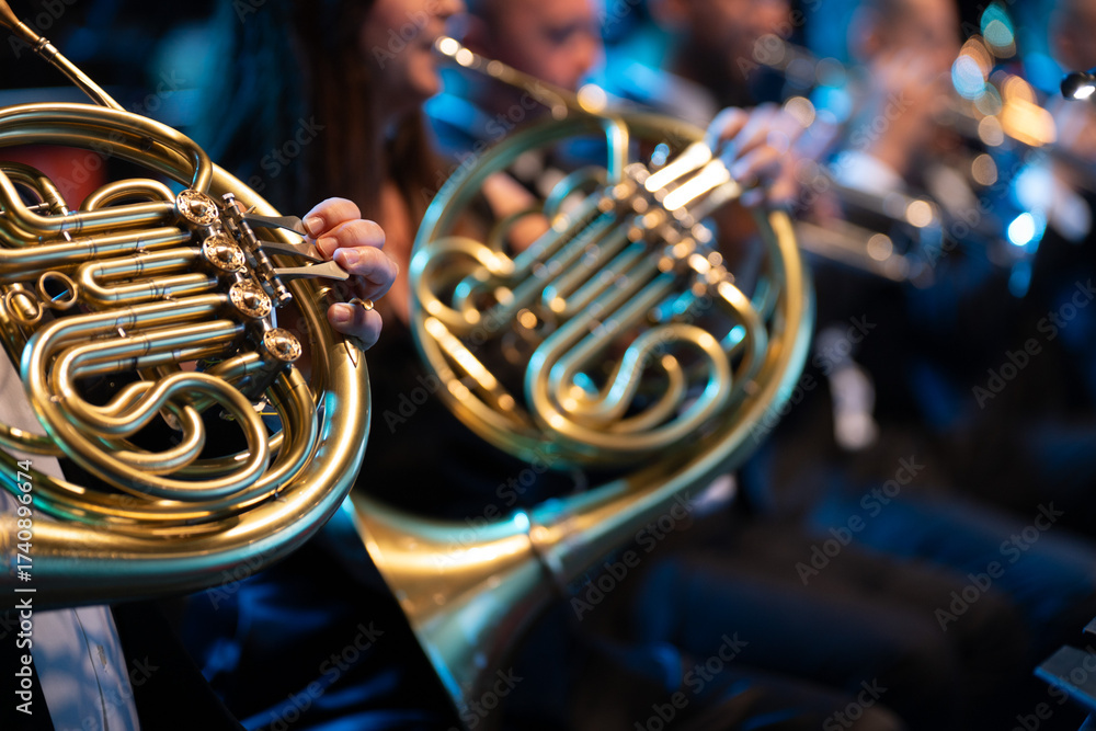 Obraz premium Close-up of a French horn in the hands of a musician during a brass band concert