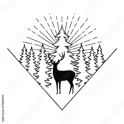 Majestic stag stands proudly in a stylized forest with radiating sunbeams and geometric frame silhouette