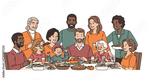 A Diverse Extended Family Gathers for a Festive Holiday Dinner, Sharing Food and Laughter Around a Table Laden with Thanksgiving Delicacies