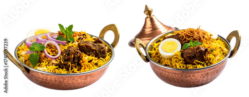 Set Of Authentic Indian Mutton Biryani in Traditional Copper Handi PNG