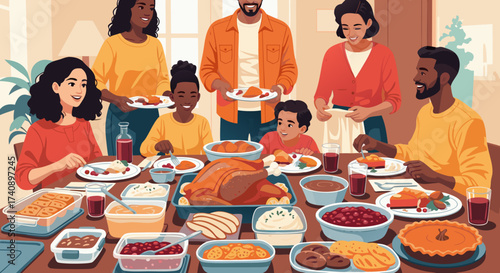 A diverse family gathers for a festive holiday feast, sharing a traditional Thanksgiving dinner with gratitude and joy around a laden table full of delicious food