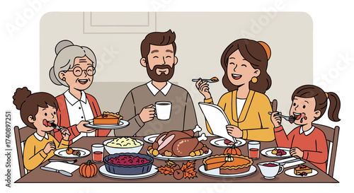A multi-generational family enjoying a festive Thanksgiving dinner together, sharing smiles and gratitude around a bountiful table laden with traditional holiday dishes