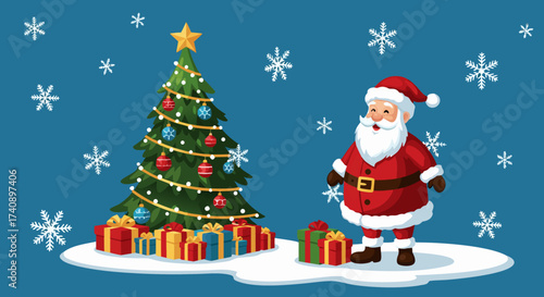 A jolly Santa Claus stands beside a beautifully decorated Christmas tree adorned with ornaments and gifts, celebrating the festive holiday season with a snowy backdrop and twinkling snowflakes